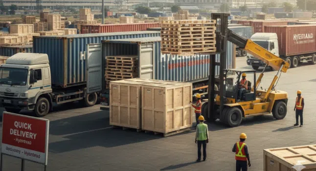 Massive custom wooden packaging crate for heavy machinery on a forklift in a Hyderabad